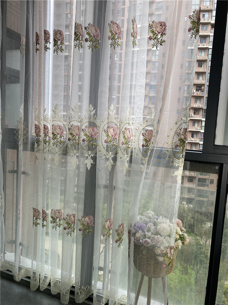 American Luxury Peony Embroidery Tulle Curtain