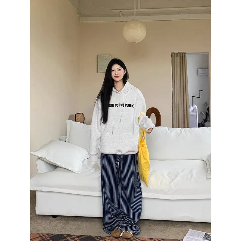 Y2K Vintage 90s Blue Striped High Waist Wide Leg Pants Long Loose Korean Trousers Full Length Bottom Jeans Pants