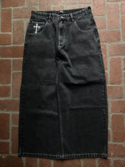 Gothic Cross Print Black Denim Baggy Pants Mid Waist Big Pocket Design Loose Fit Hip Hop Streetwear Jeans