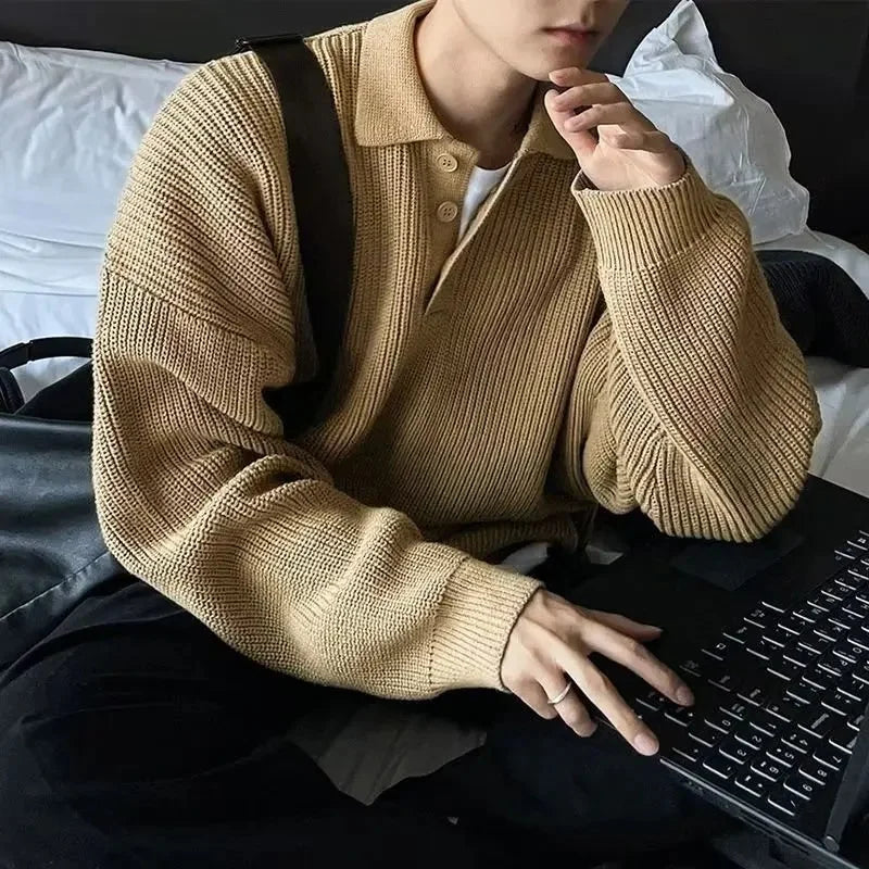 Laid-back Japanese Style Polo Neck Knitwear Hoodie American Retro High-End Crew Neck Pullover Student Top
