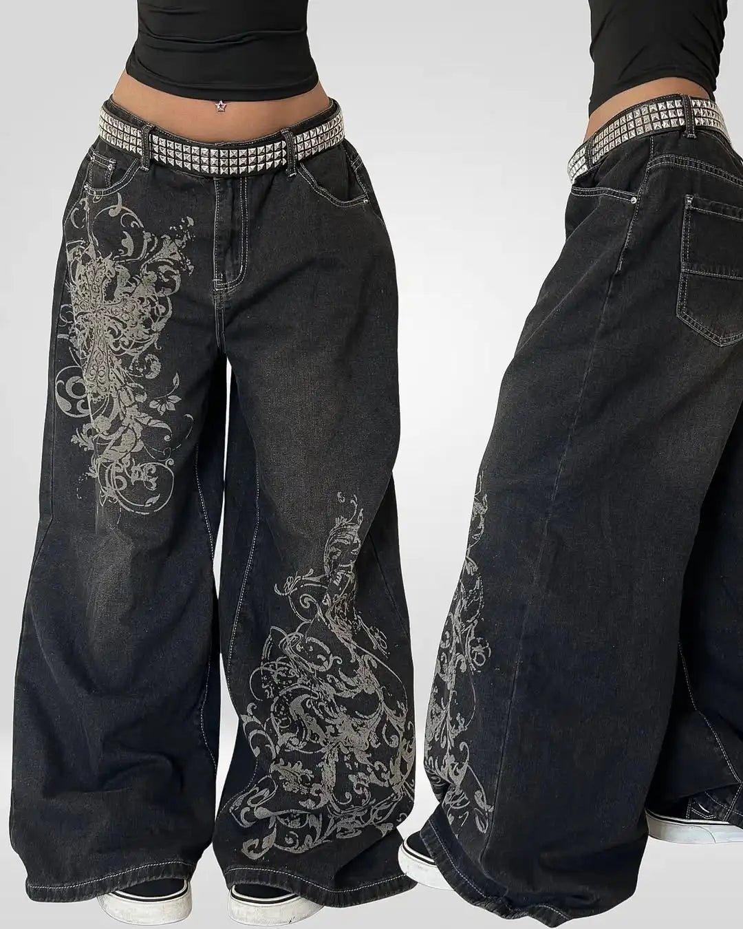 Y2K Gothic Cross Print Loose Jeans Street Hip-hop Retro's