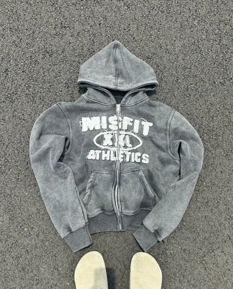 Gothic Oversized Letter Embroidered Patch Zipper Hoodie Y2K Harajuku Vintage Hip Hop Casual Couple Sweatshirt