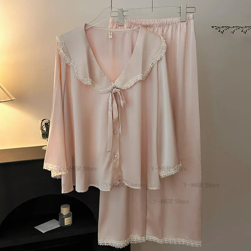 Japanese Sleepwear Pajamas Long Sleeve Pajamas Set Ladies Satin Cute Home Clothes Two Piece Set
