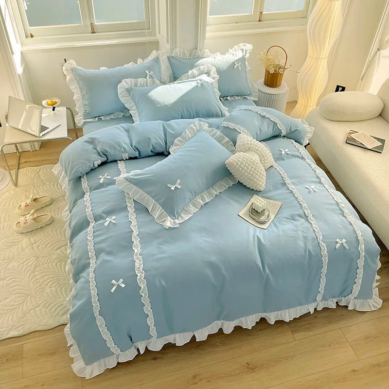 Korean Princess Style Bedding Sets Ins Lace Bowknot Duvet Cover Fitted Sheet