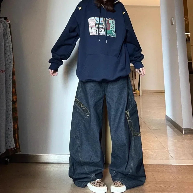 Deeptown Y2K Retro Jeans Big Pocket Scimitar Leopard Wide Leg Denim Cargo Pants Harajuku Baggy Streetwear Trousers