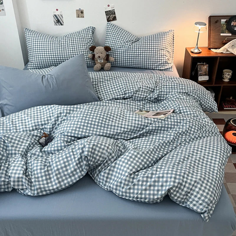 Vintage Double Sided Red Plaid Bedding Set Skin-Friendly Soft Duvet Cover Set with Bed Sheet