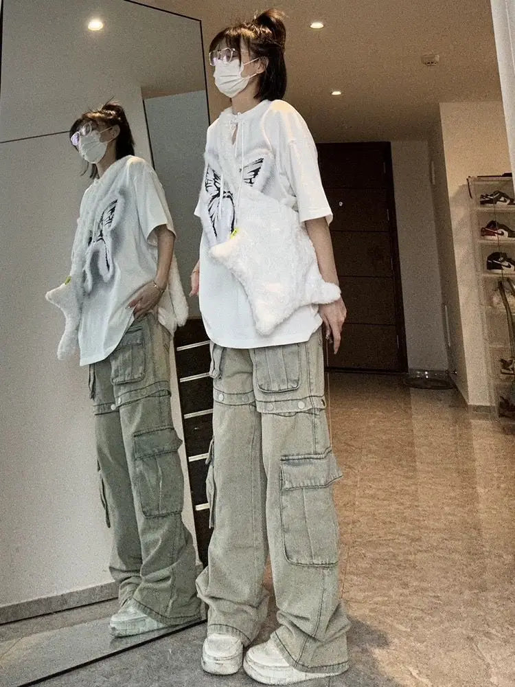 American Detachable Design Sense Tooling Jeans Y2K Gothic Retro High Street Straight Small Vibe Waisted Pants