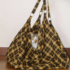 Vintage Plaid Canvas Tote LargeCapacity Korean Travel Shoulder Bag