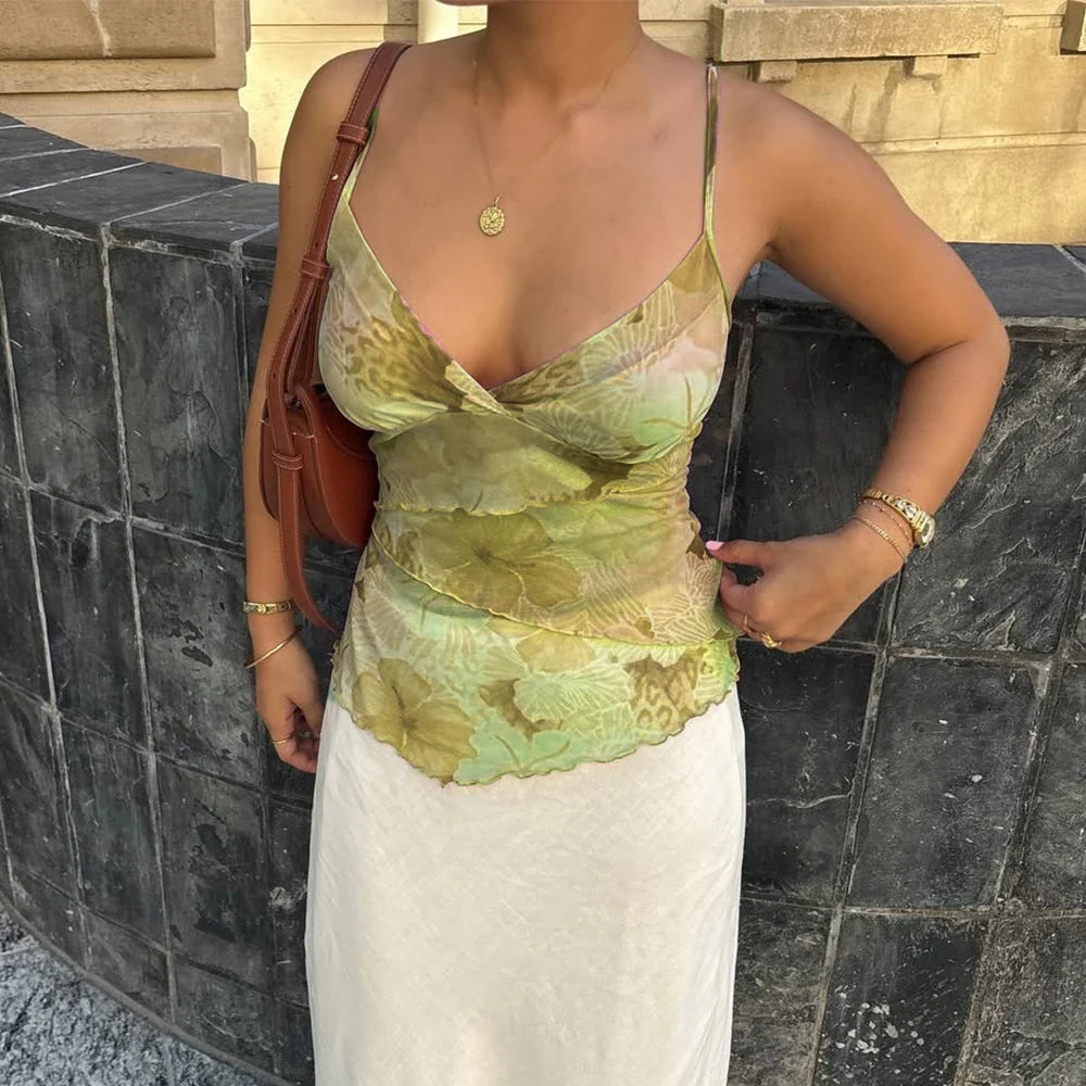 Vintage y2k Crop Tops Floral Print Boho Sleeveless Spaghetti Strap Mesh See Through Coquette Tanks Camis