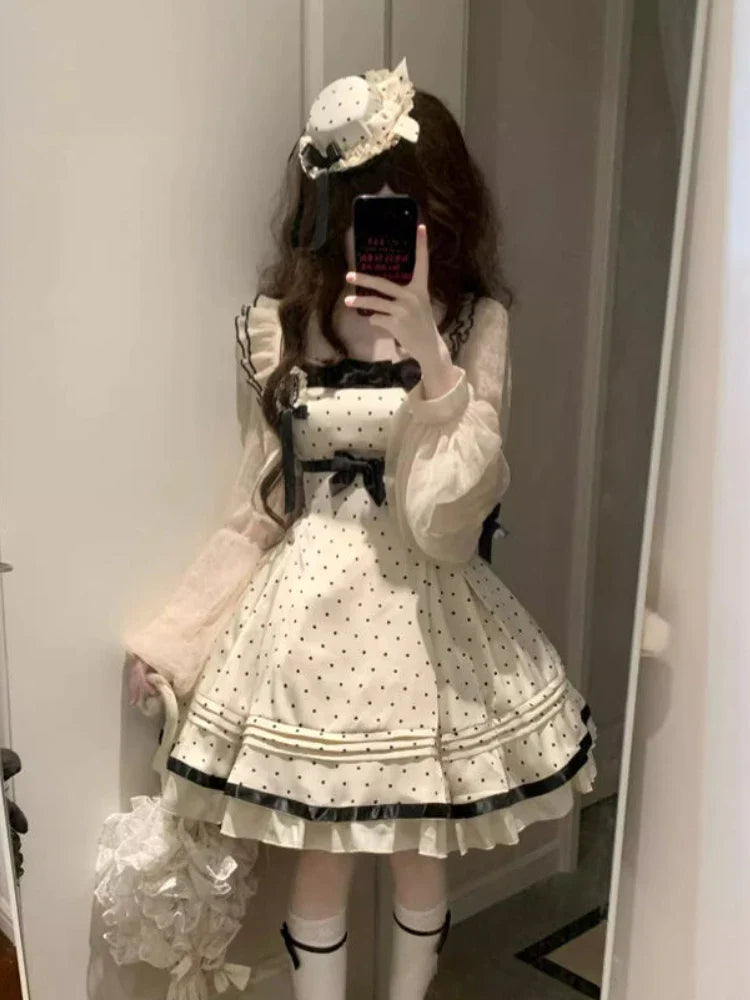 Design Sweet Kawaii Polka Dot Lolita Dress France Elegant Bow 2-piece Set Long Sleeve Short Cardigan