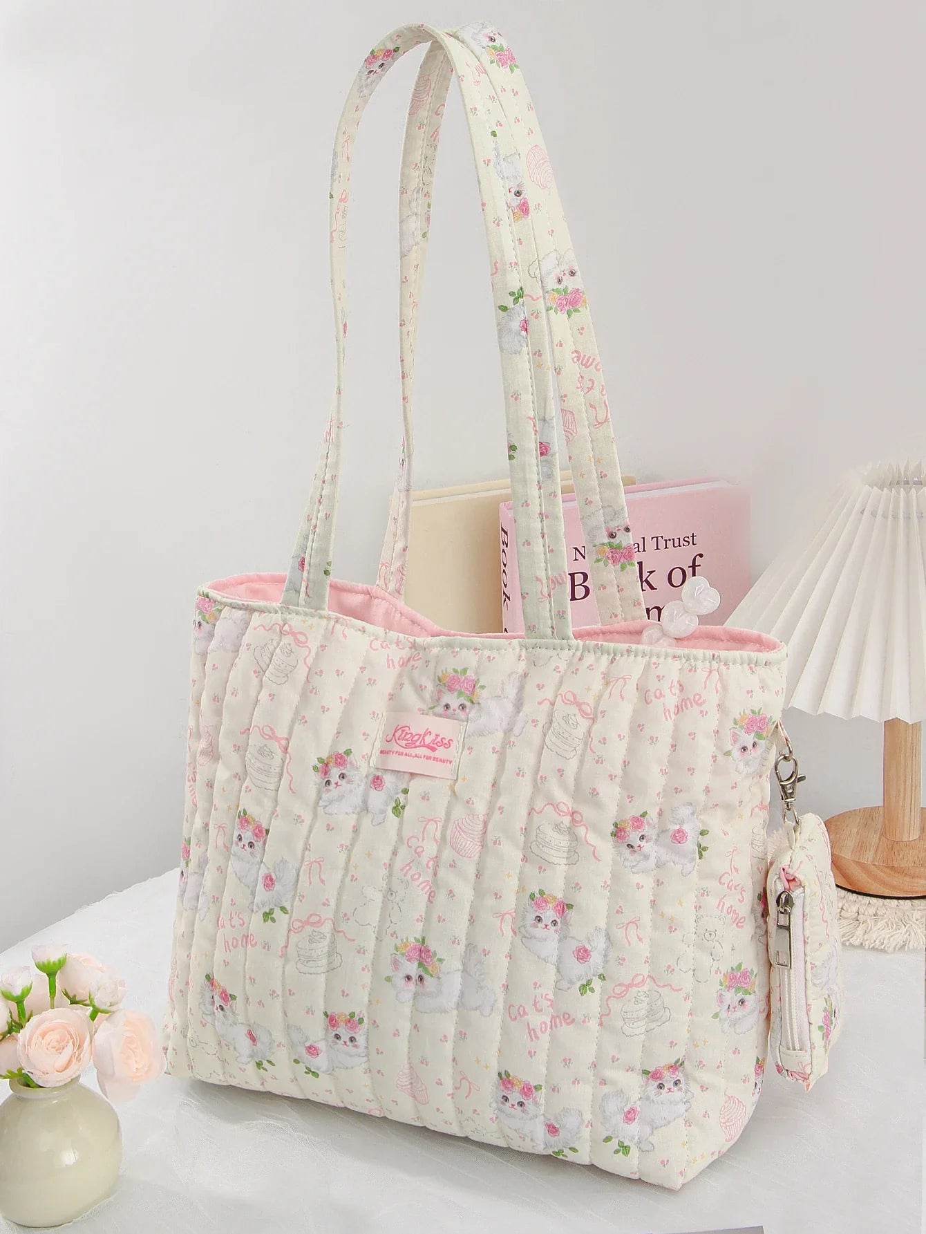 1 cute flower cat handbag with coin purse charm, daily commuting, travel handbag, large capacity portable handbag