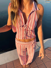 Striped Lace Up Vest Pants Set Sleeveless Backless Slim Lady Top Sets Straight Casual Pant Suit