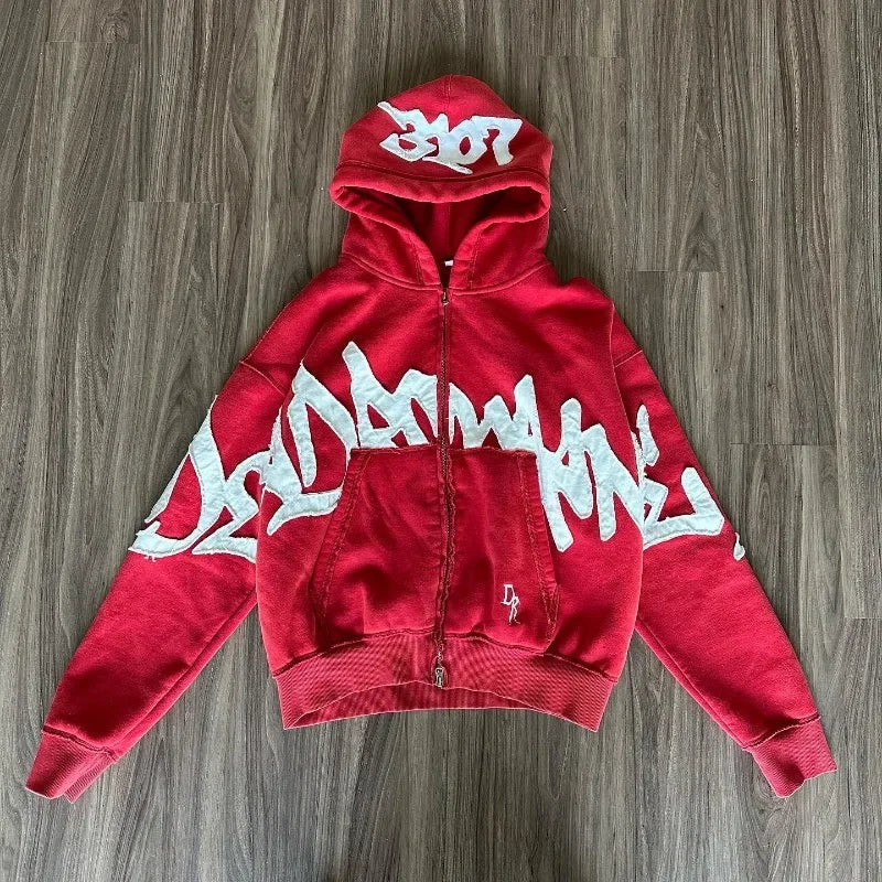 Gothic Oversized Letter Embroidered Patch Zipper Hoodie Y2K Harajuku Vintage Hip Hop Casual Couple Sweatshirt