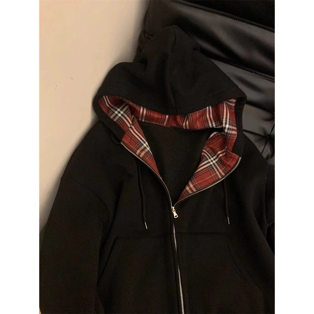 Grid Splicing Hooded Sweatshirt Loose Versatile Zipper Cardigan Jacket Long Sleeved Versatile Coat Top