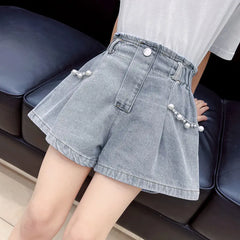 Girls Denim Shorts Korean Children's Pleated Jeans 4-12Years Teens Girls Short Jeans Pearl Decoration