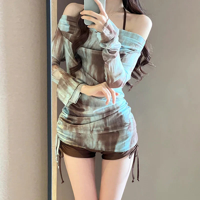 Korean Sports Three-Piece Multi-Color Printing Sling Low-Cut High-Waist Body Suit Shorts Side Drawstring Sweet Swimsuit