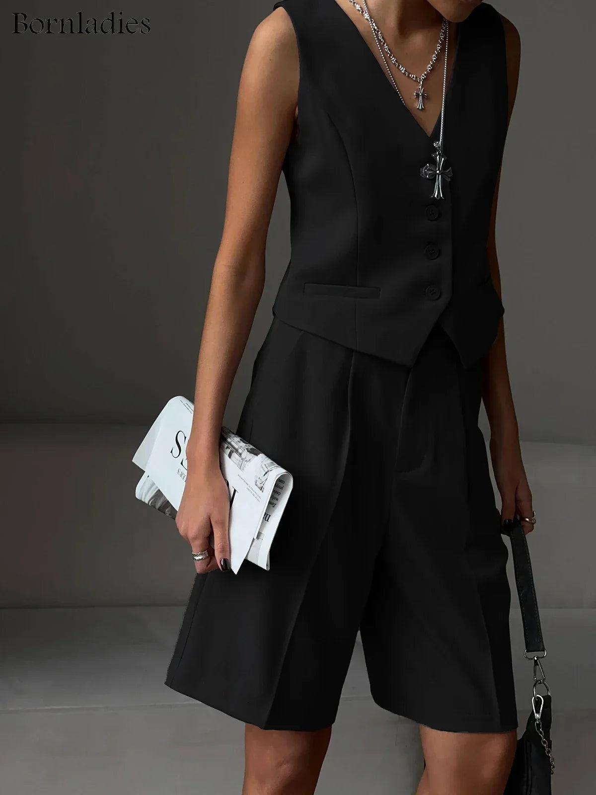 Wolfeel Womem Chic Vest Shorts Suit Two-Piece Set Office Ladies Chic 2 Piece Sets Outfits