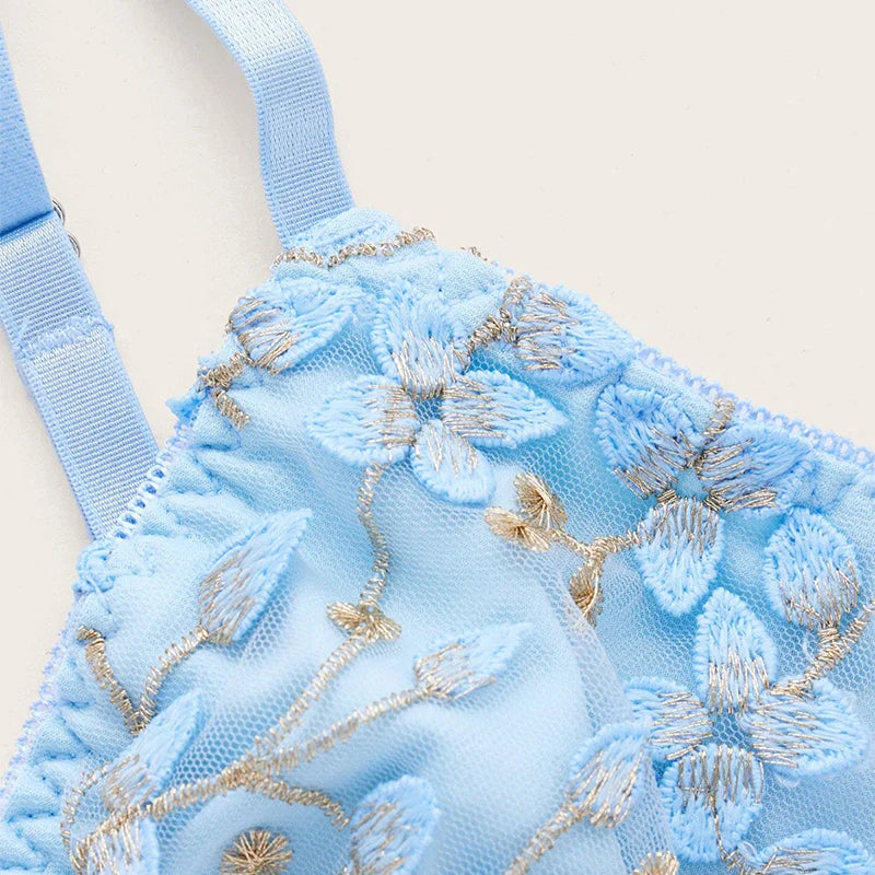 Blue Camisole Vest Bra Embroidery Flower Corsets Slim Fit Versatile Lady Corset Top Lace Rayon Ultra-Thin Thick Bra