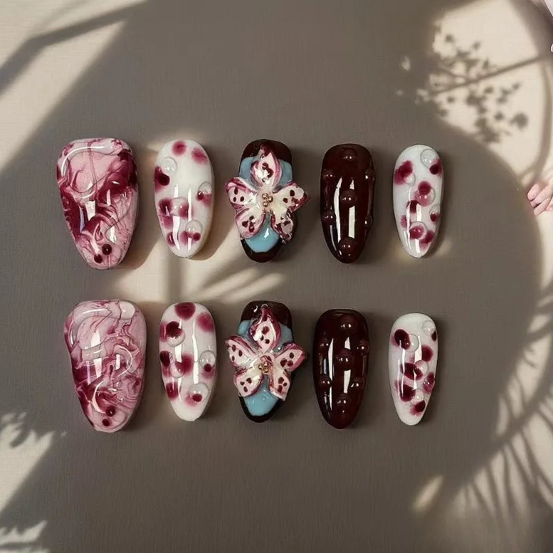 10Pcs Red Handmade Nails 3D Carved White Flower Fake Nails Mid-Length Almond Shape Press on Nails Spotting Design Manicure Arts