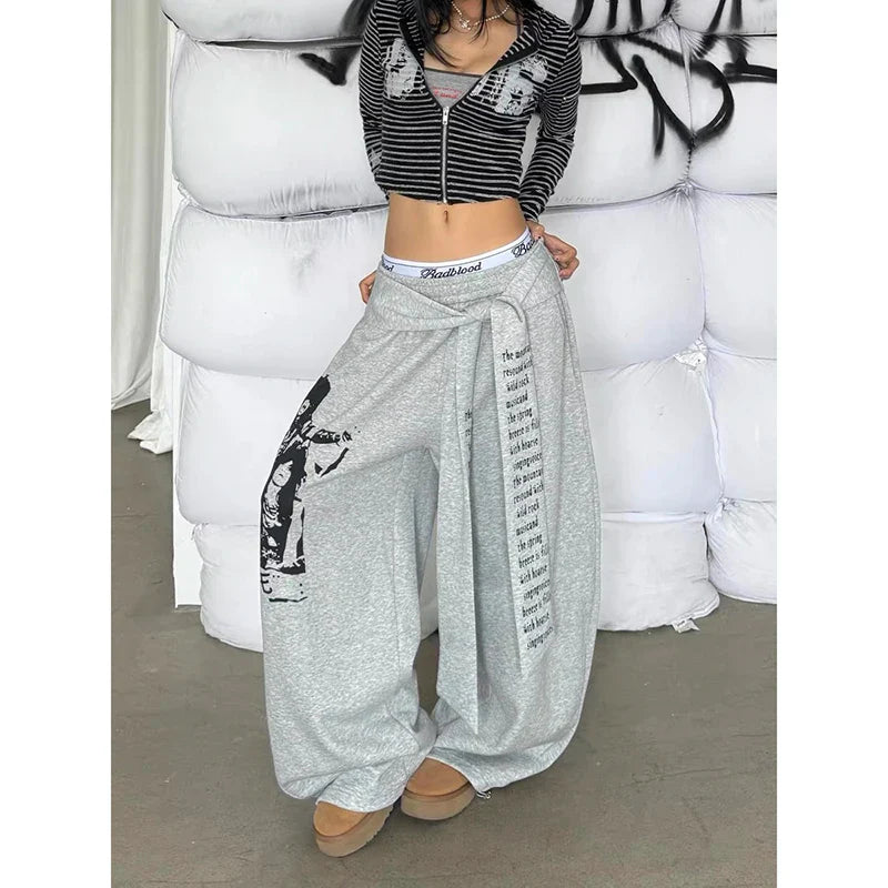 ZHIZOU Gray Gothic Baggy Y2k Letter Print Pants Harajuku 2000s Vintage Oversize Sweatpants Wide Leg Trousers
