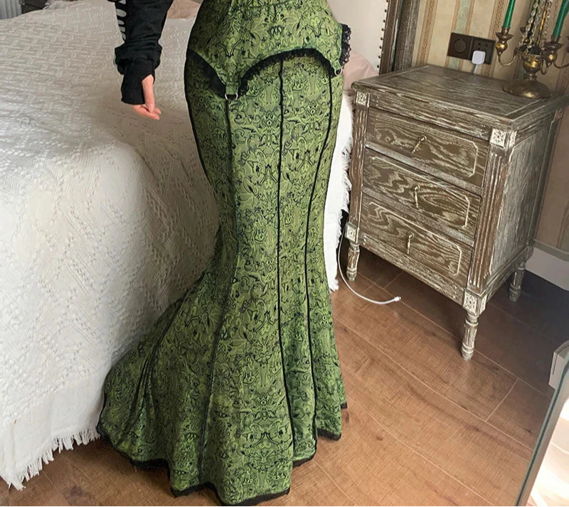 Vintage Elegant Green Trumpet Long Skirt Graphic Printed Lace Trim Y2K High Waist Skirt 2000s Aesthetic