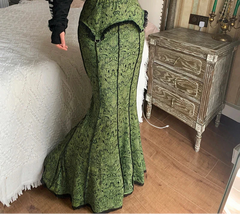 Vintage Elegant Green Trumpet Long Skirt Graphic Printed Lace Trim Y2K High Waist Skirt 2000s Aesthetic