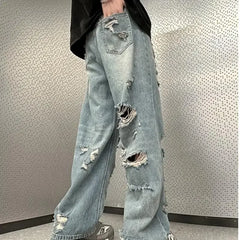 Vintage Distressed Straight-leg Jeans American Style Slimming Bell Bottoms Loose Fit High-waisted Thin Version