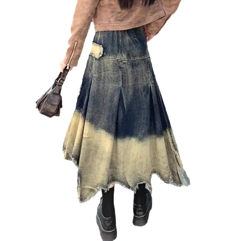 Vintage Cross Fringed Denim Skirt, High Waist A-line Slimming Irregular Mid Length Skirt,