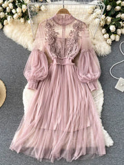 Ladies Dress Three-dimensional Flower Hook Mesh Temperament Stand Collar Lantern Sleeve High Waist Slim Dresses