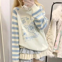 Striped Zipper Y2k Subcultural Long Sleeve Sweater Round Neck Preppy Style Sweet Loose Kawaii Knitted Top