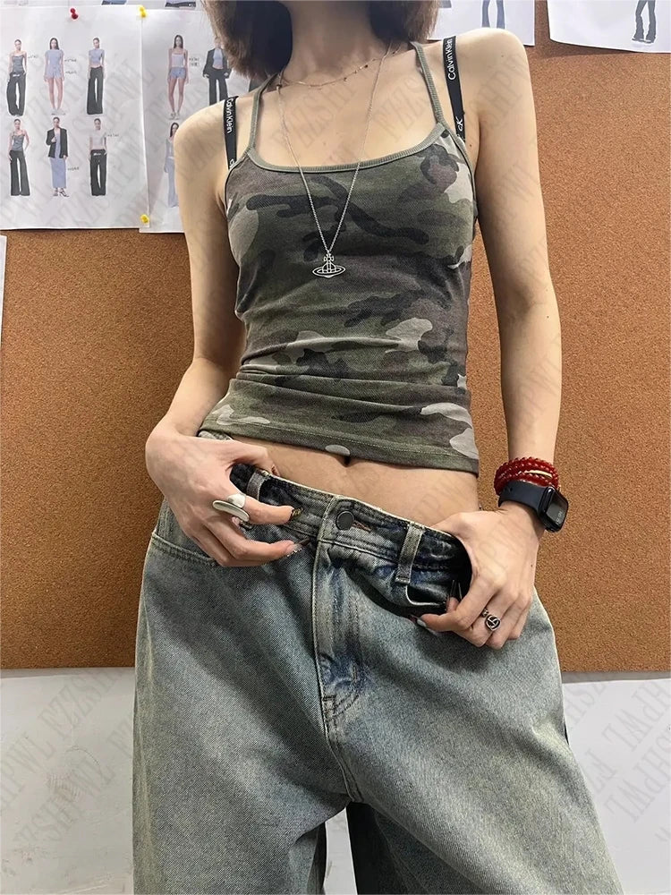 Punk rock harajuku retro camouflage camisole tops chic slim fit hottie crop tops 2000s streetwear