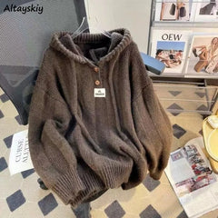 Pullovers Hooded Plus Velvet Thickening Button Design Tender Knitted Sweater All-match Casual Students Chic