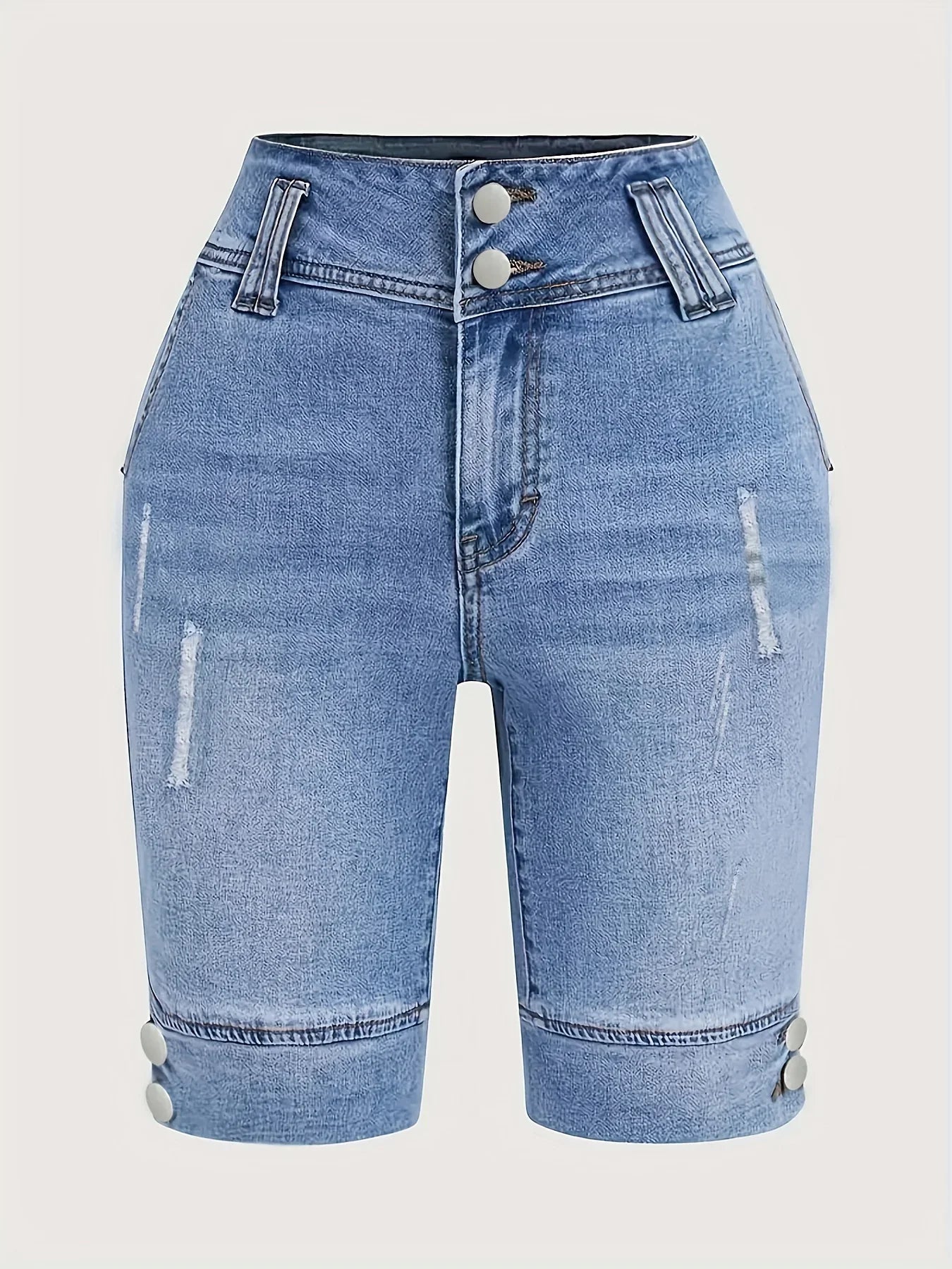Ladies' Blue Double-Buckle Waist Slim Fit Jeans