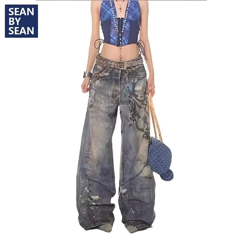 3D Chain Old Jeans American Tie-Dye Splash-Ink Hip Hop Pants High Street Y2K Punk Graffiti Hip Hop Couple Straight Pants