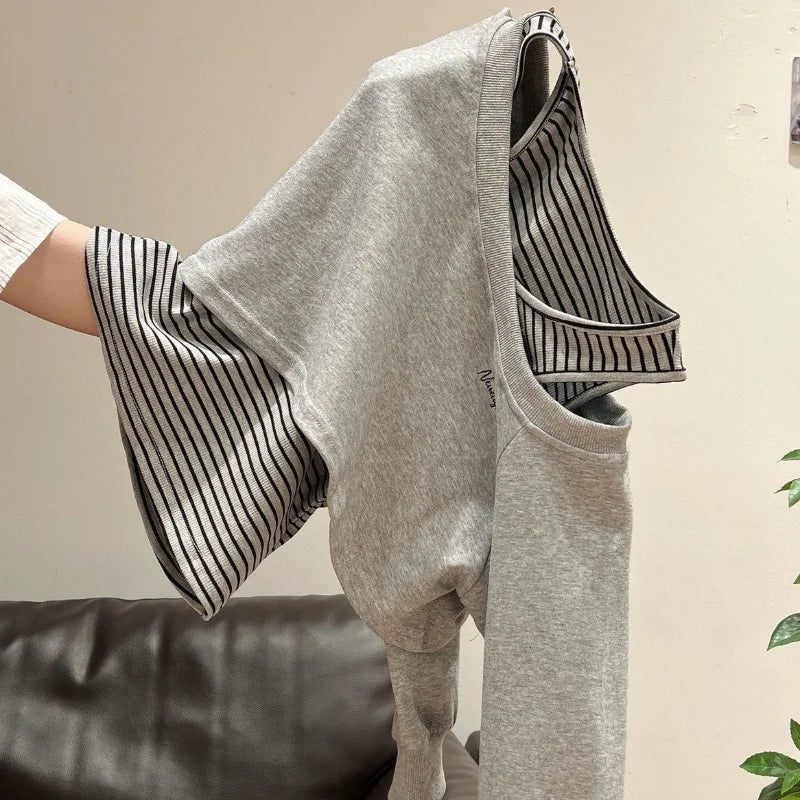 Xia Zhenhua Gray Off-shoulder Long-sleeved Striped Sweatshirt Design Matching Vest Two-piece Set