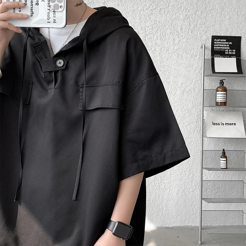 5 Colors Hooded T shirt Korean Half Sleeve Pullover Streetwear Loose T-shirt Tops Drawstring Clothing
