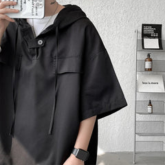 5 Colors Hooded T shirt Korean Half Sleeve Pullover Streetwear Loose T-shirt Tops Drawstring Clothing