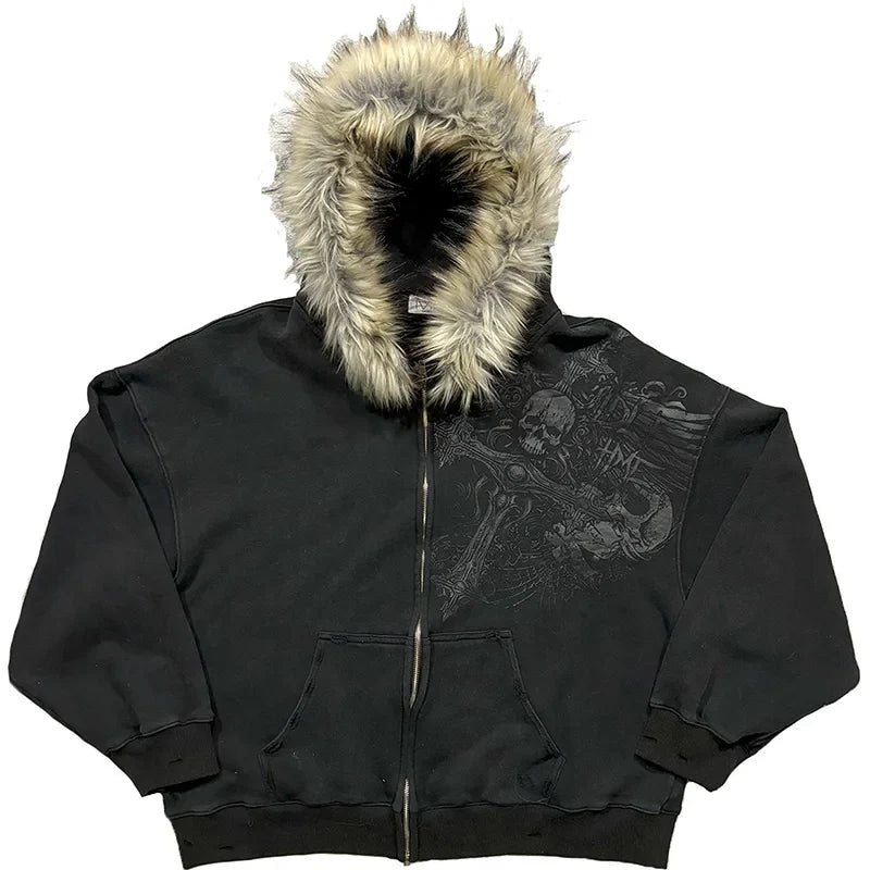 /Y2k Harajuku Faux Fur Collar Hoodies Clothes Graphic Hip Hop Punk Gothic Zip Up Hoodies new
