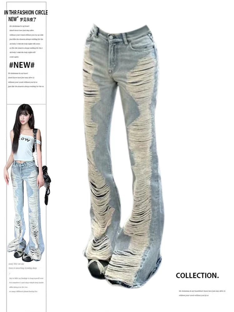 Goblin Core Abi Grunge Cyber Punk Flare Jean Y2k Japanese Harajuku Low Rise Ripped Denim Pants 2000s Bell-Bottom
