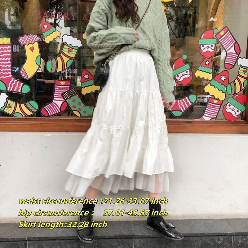Casual Vintage Skirt Matching Chic Lady's White Skirt Sweet Girl's Cake Skirt Elastic Waist A-Line Mid Length Flare Skirt