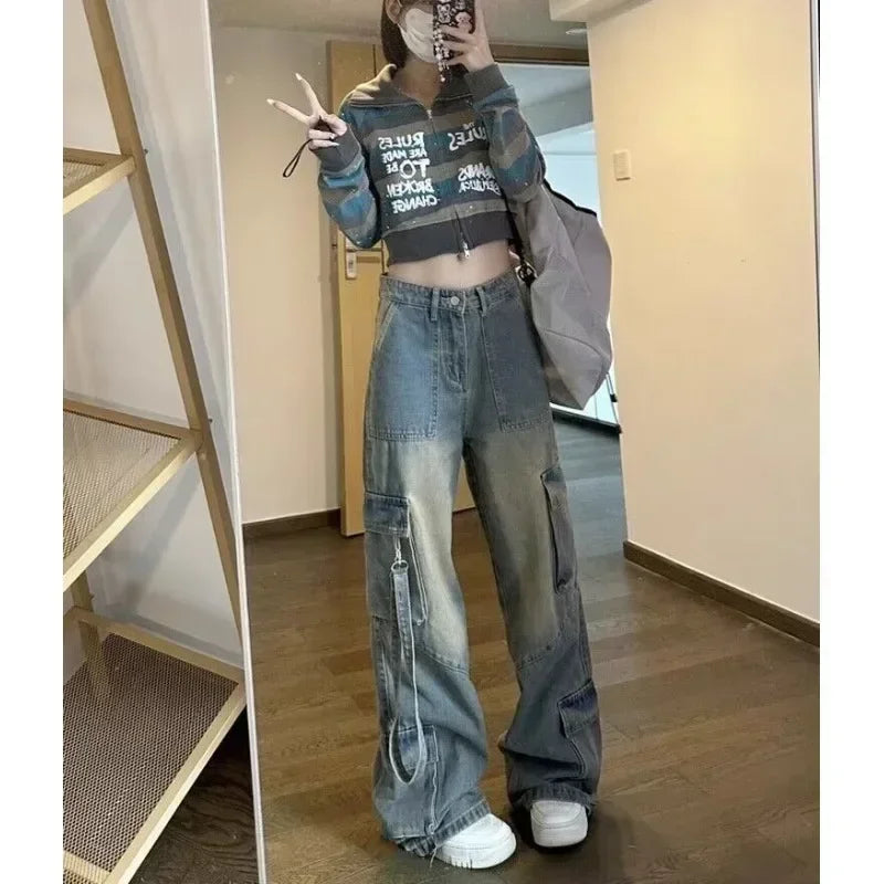 Jean Spliced Pockets Cargo Pants Washed Denim High Waist Full Length Jeans Loose Solid Basics Patchwork Distressed