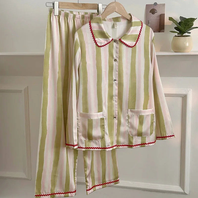 Japanese Sleepwear Pajamas Long Sleeve Pajamas Set Ladies Satin Cute Home Clothes Two Piece Set
