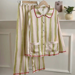 Japanese Sleepwear Pajamas Long Sleeve Pajamas Set Ladies Satin Cute Home Clothes Two Piece Set