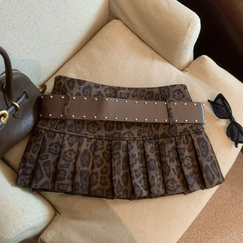 Leopard Print High-waist Short Skirt Y2k Girl Slim Pleated Skirts High Street Retro A-line Skirt
