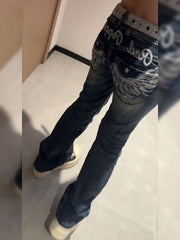 American Retro Pocket Wing Embroidery Jeans Y2K Girls Low Waisted Pants Street Hip Hop Harajuku Gothic Punk Jeans
