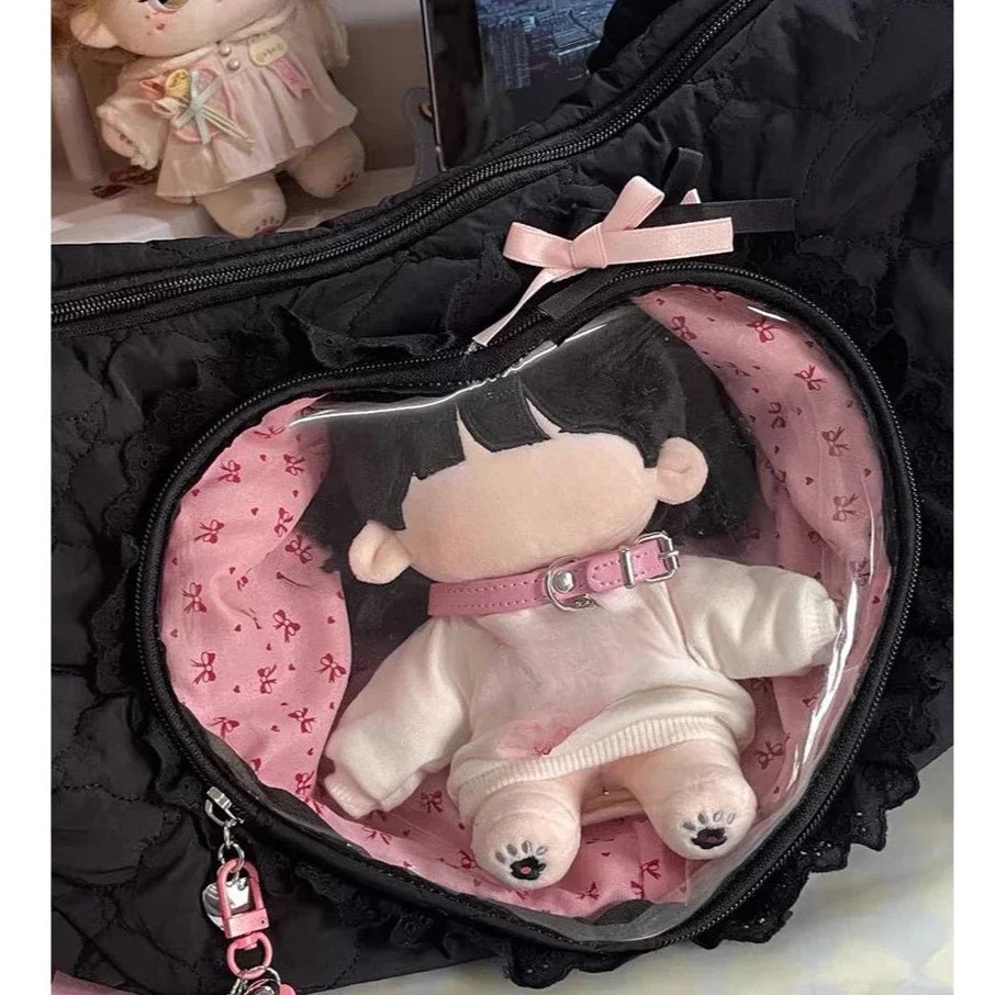 Pink Cute Shoulder Bag Pleated Love Heart Lolita Jk Ita Bag Drawstring Ballet Style Sweet Handbag