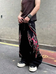 Y2K Street Jeans Harajuku Hip Hop Retro Loose Red Stripe Printing BaggyJeans Pants Gothic Wide Trousers