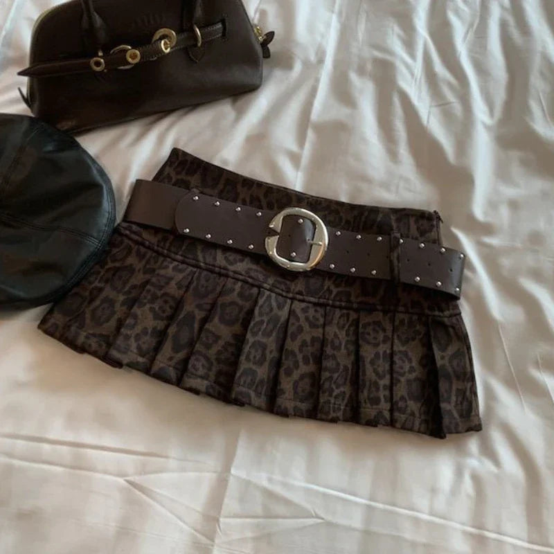 Leopard Print High-waist Short Skirt Y2k Girl Slim Pleated Skirts High Street Retro A-line Skirt