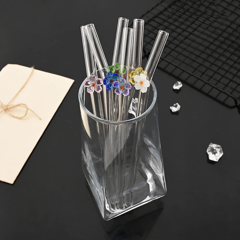 5Pcs 8mm Glass Straw Reusable Drinking Straws Cute Flower Heat-Resistant Straw