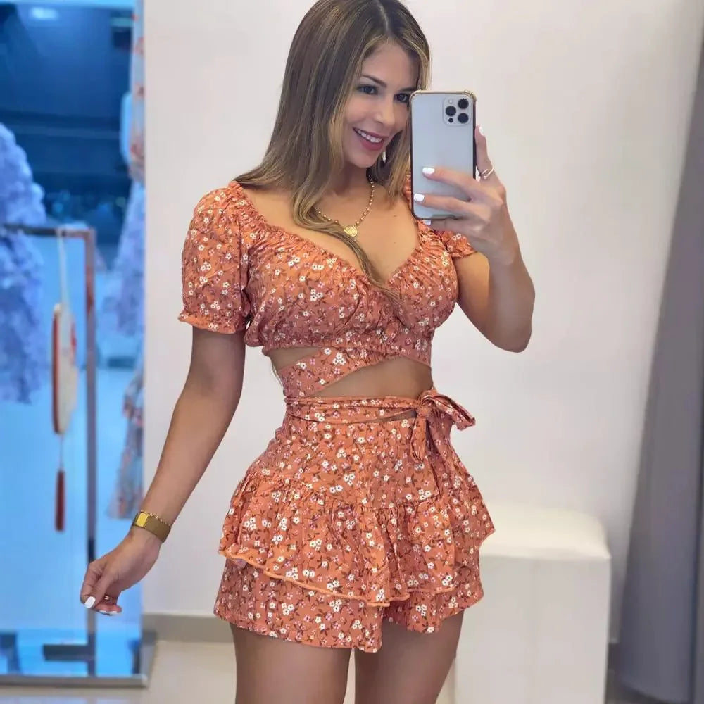 Playsuits Print Floral Jumpsuits Shorts Skirts Pants V Neck Short Sleeve Lace Up Tight Waist One Piece Rompers